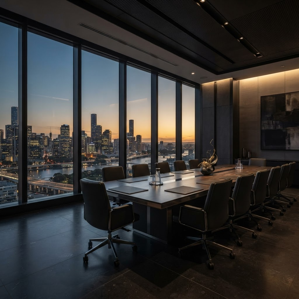 Sala de conferências executiva moderna com vista para a cidade ao pôr do sol